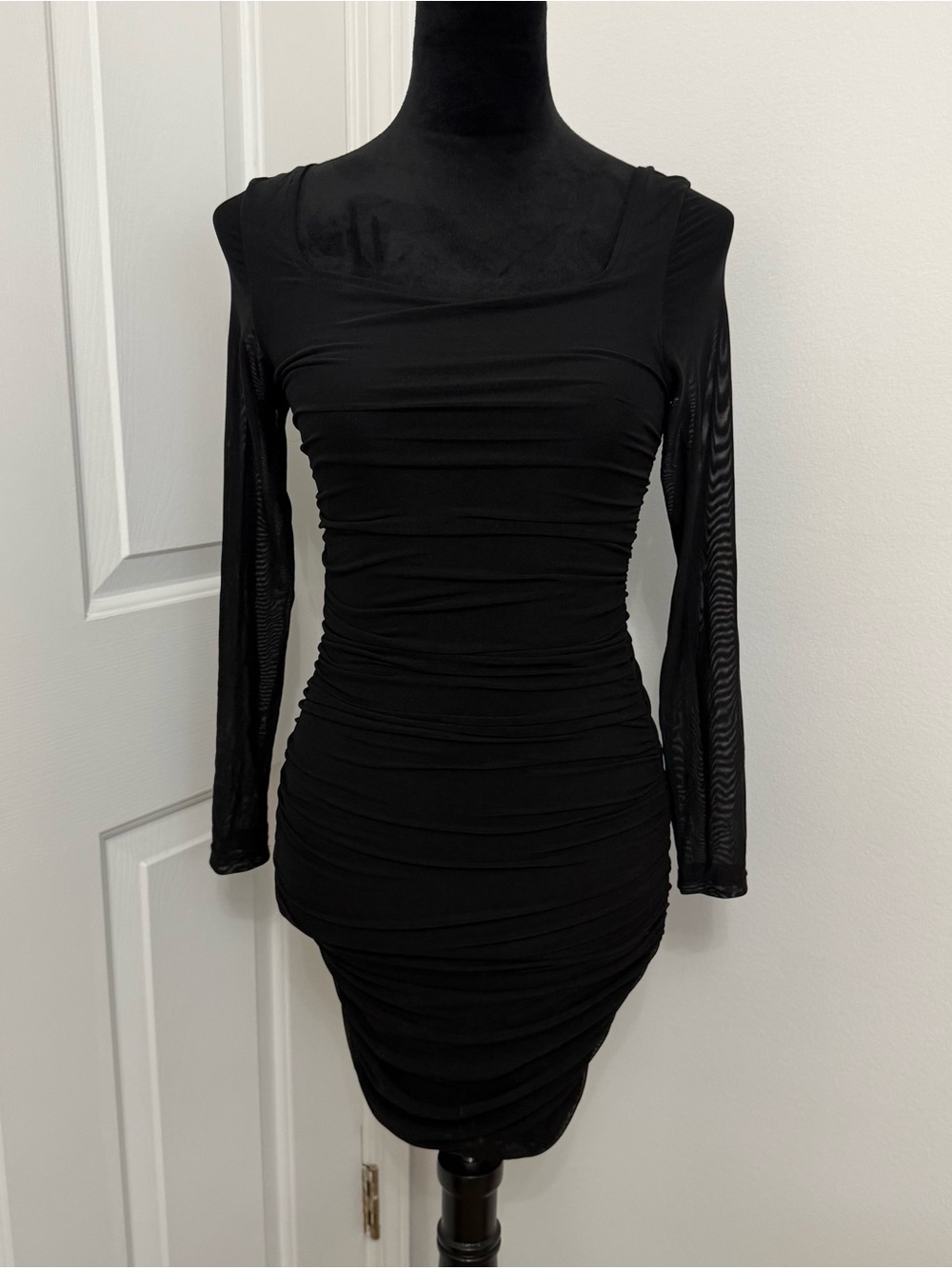 SHEIN Black Ruched Mesh Long Sleeve Bodycon Dress